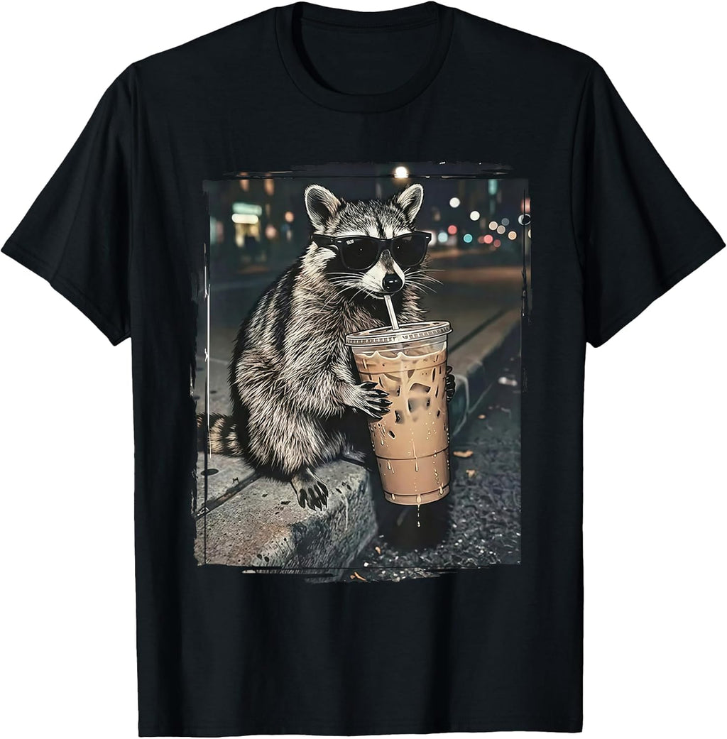 Raccoon Drinking Iced Coffee Funny Animal Meme Men Women T-Shirt