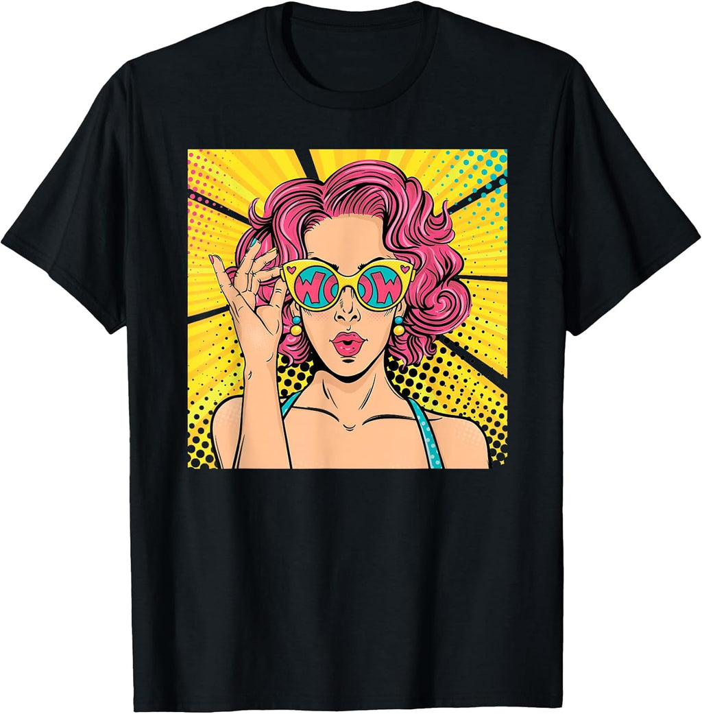Wow Pop Art Girl Face Shirt Surprised Woman with Pink Hair T-Shirt
