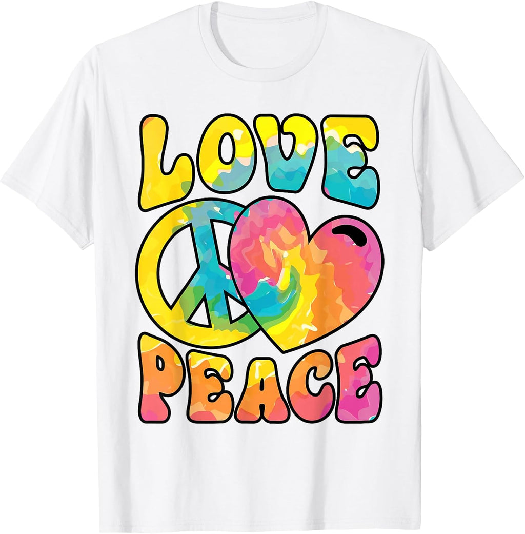Hippie Women Men Love Peace Sign Heart Tie Dye Retro Groovy T-Shirt