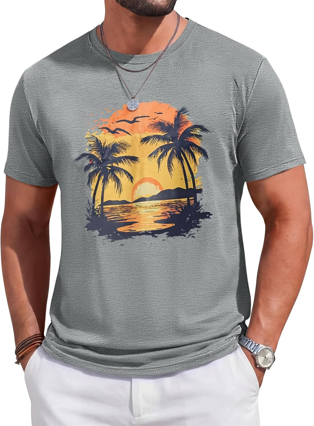 Mens Short Sleeve T-Shirts Crew Neck Casual Graphic Shirt Summer Beach Palm Tree Sunset Printed Vintage Hawaiian Tees