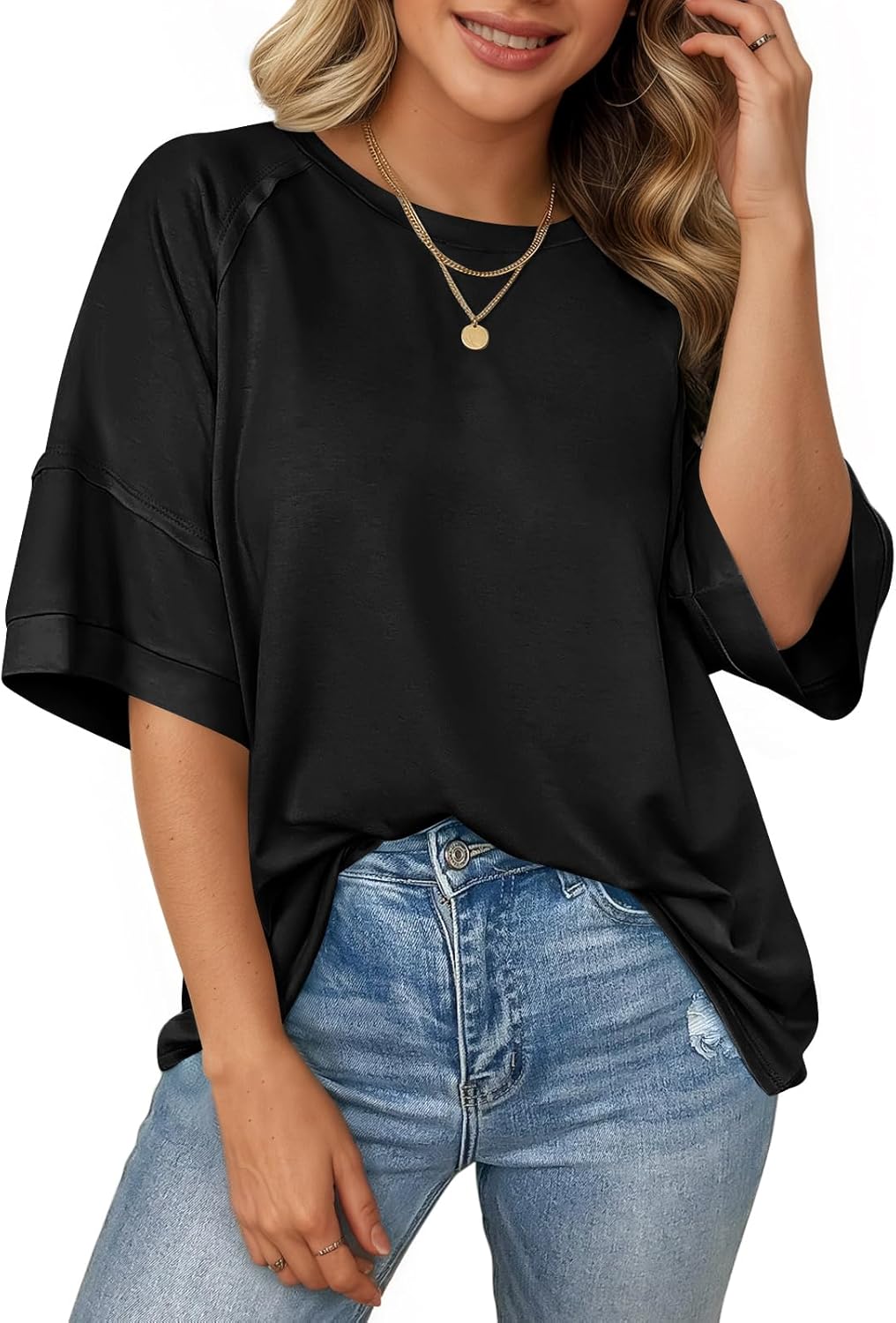 Womens Oversized T-Shirts Summer Crew Neck Half Sleeve Tunic Tops Casual Loose Fit Basic Tee Shirt