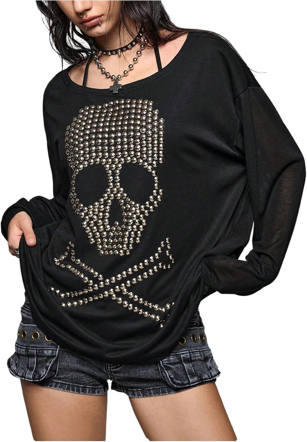 Women's Skull Rivets Tees Grunge Punk Oversized Scoop Neck Long Sleeve Tshirts Streetwear