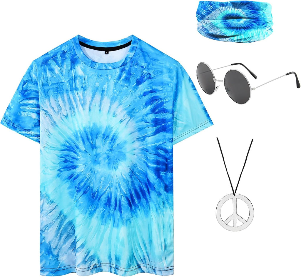 Hippie Costume for Men 60s 70s Colorful T-Shirt Outfits 4 PCS Accessories Set for Theme Party