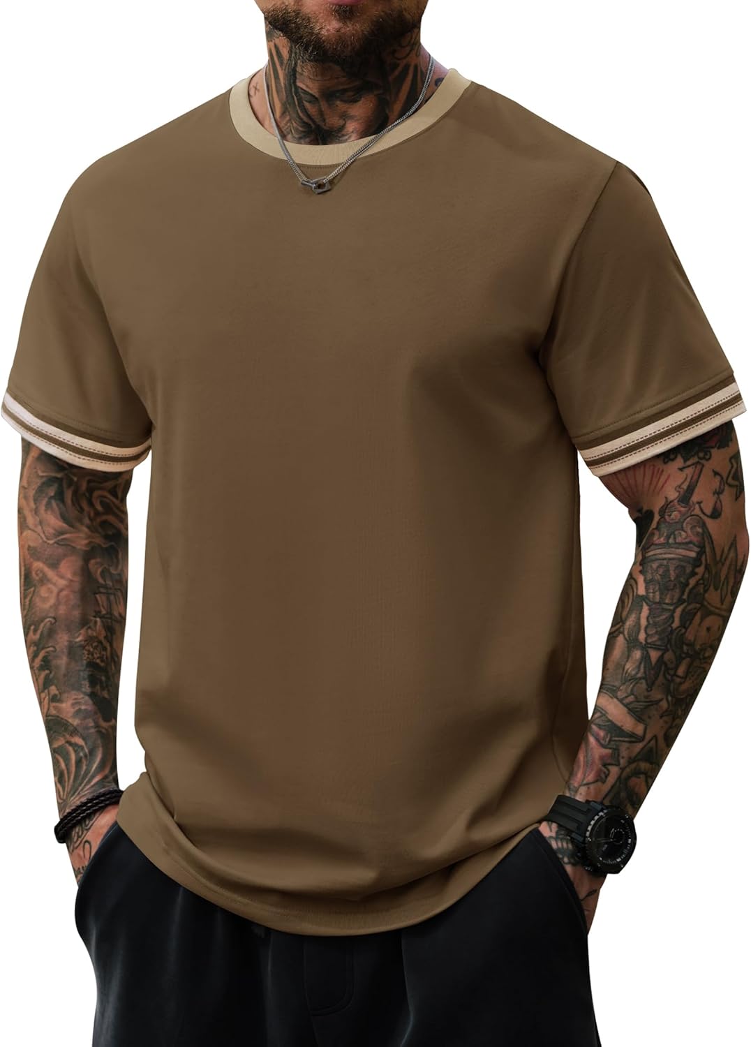 Mens Ringer Tshirt Casual Heavyweight Summer Crewneck Short Sleeve Shirts (S-XXL)