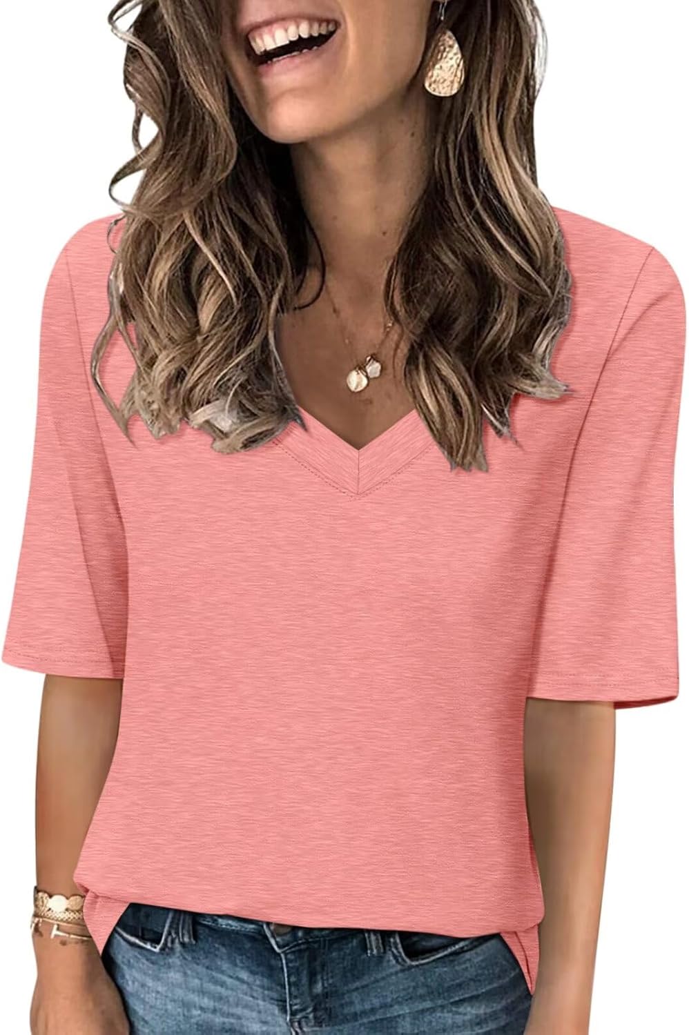 Women's V Neck T Shirts Casual Half Sleeve Tops Basic Summer Tees