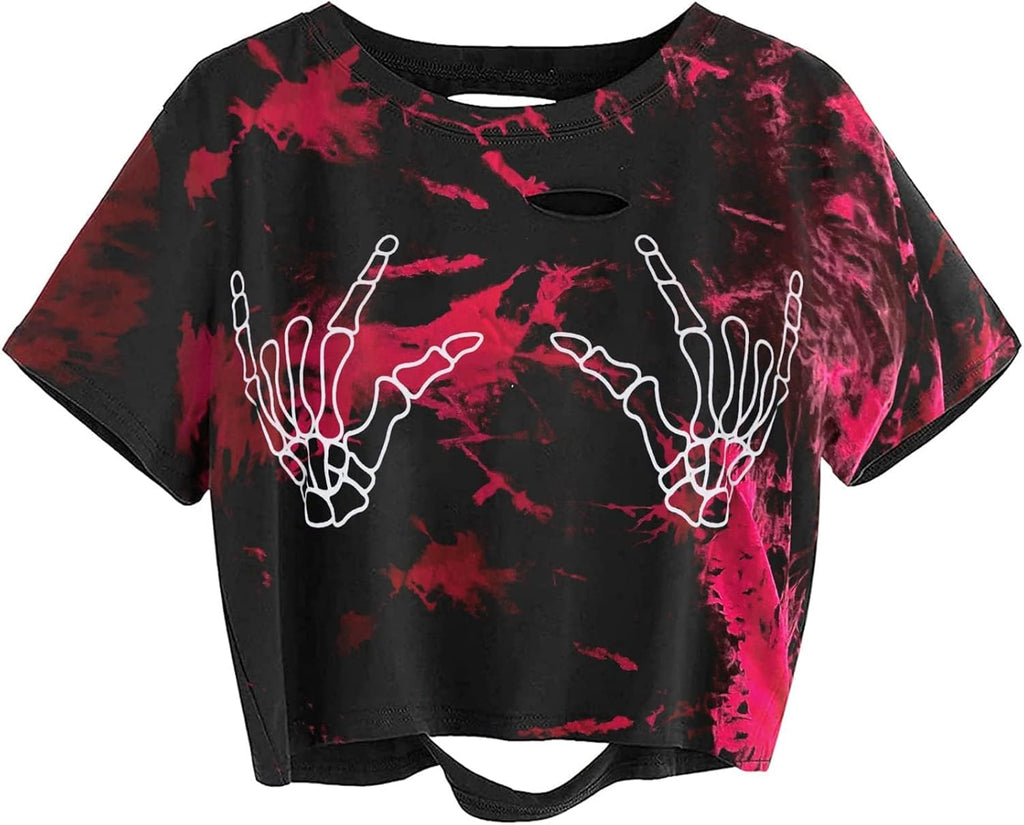 Women Skull Finger Graphic Distressed Tee Shirt Ripped Short Sleeve Crop Tops