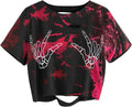 Women Skull Finger Graphic Distressed Tee Shirt Ripped Short Sleeve Crop Tops
