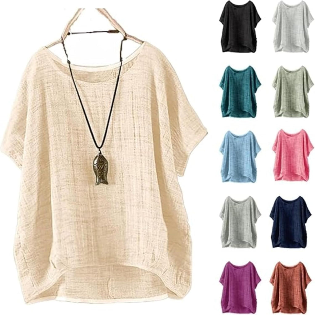 Linen Shirts for Women 2025 Summer Casual Loose Boho Hippie Clothes Trendy Oversize Crewneck Short Sleeve Cute Tops