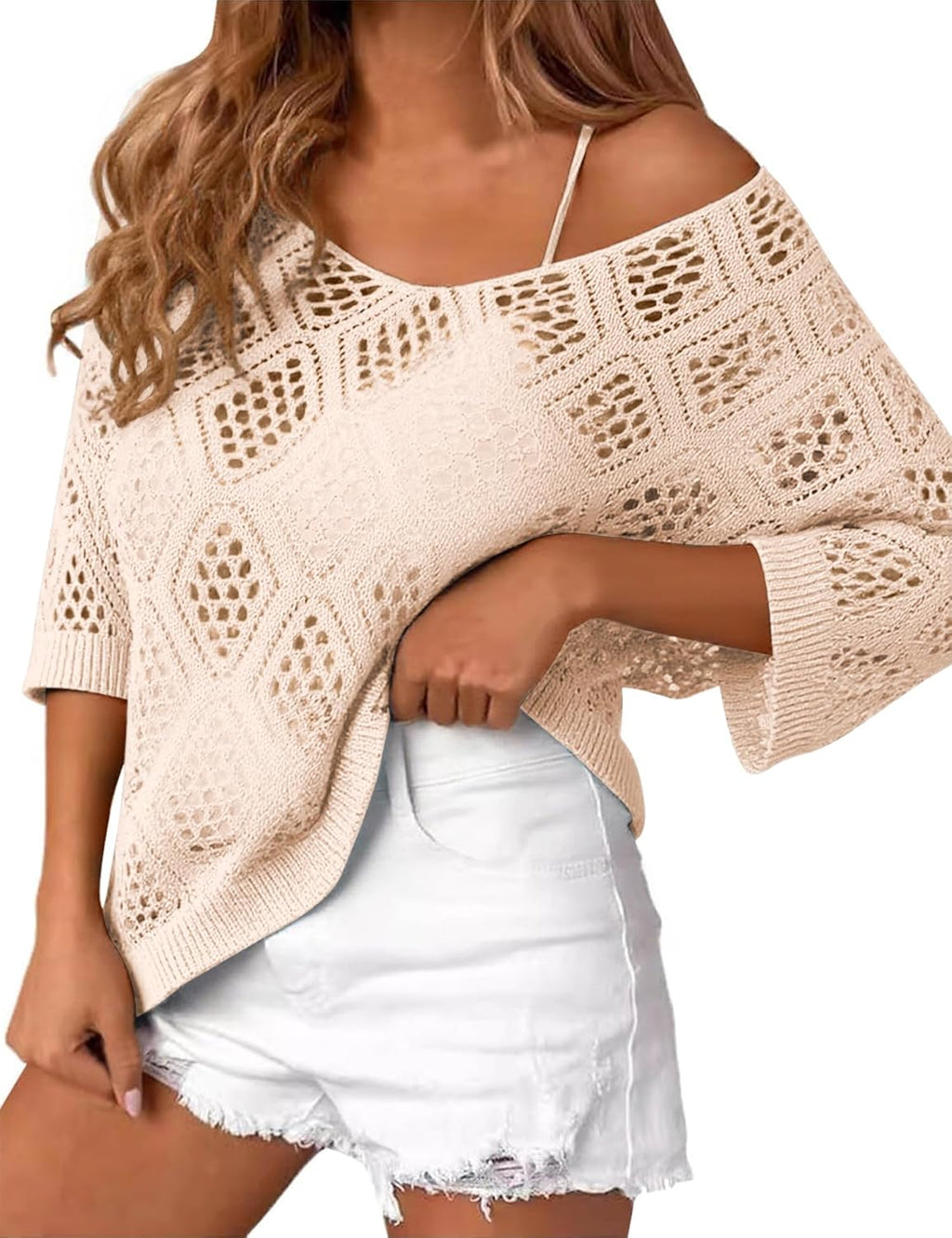Womens 3/4 Sleeve Crochet Tops Off Shoulder Hollow Out Sweater V Neck Casual Loose Fit Beach Cover Up