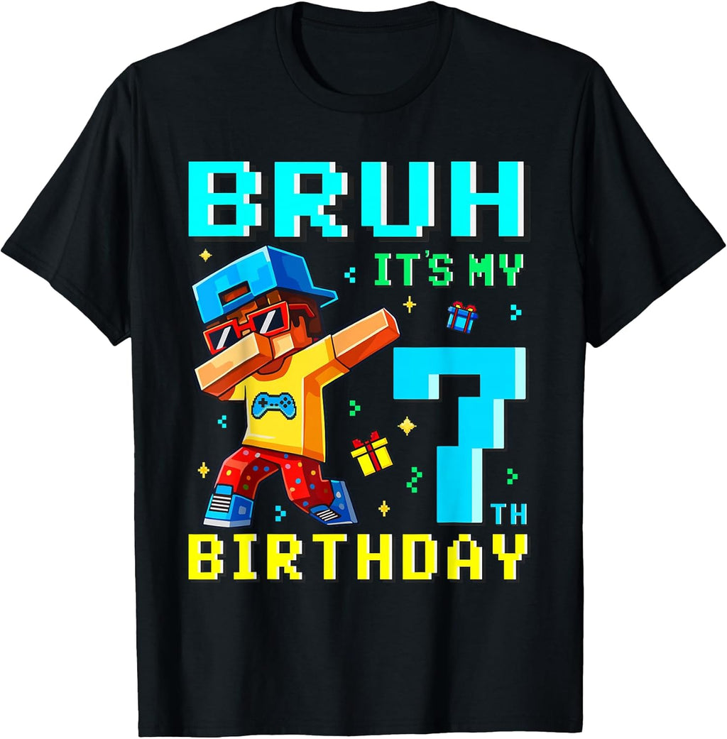 Bruh It's My 7th Birthday Gamer Pixel Brick 7 Years Old Boys T-Shirt