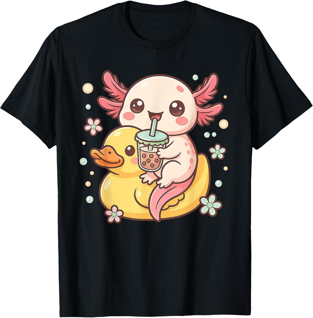 Cute Axolotl Drinking Boba Kawaii Duck Lover T-Shirt