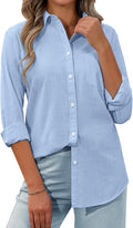 Womens Button Down Shirt Linen Button Up Shirts for Women Long Sleeve Summer Shirt Collared Blouse Linen Tops
