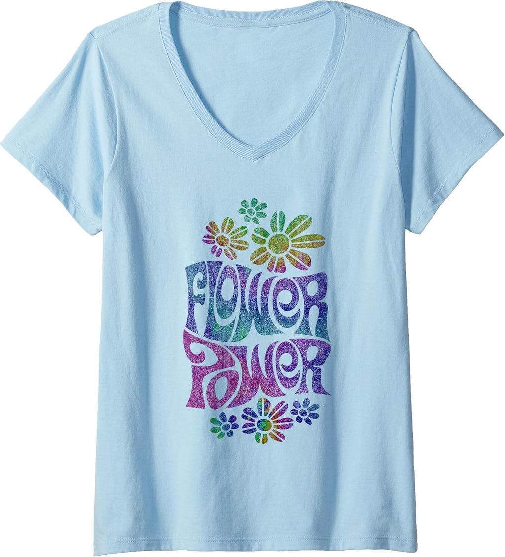 Women's Flower Power Hippie Psychedelic '70's Retro V-Neck T-Shirt