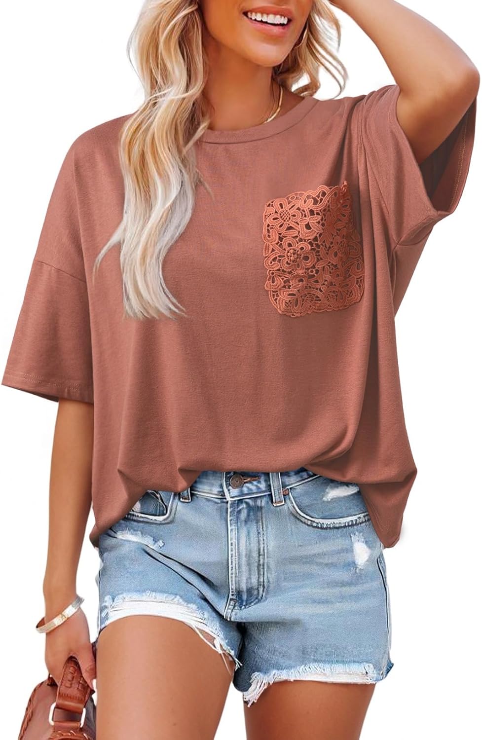 Womens Tops Cute Lace Summer Short Sleeves Oversized Casual T Shirts Lace Pockets