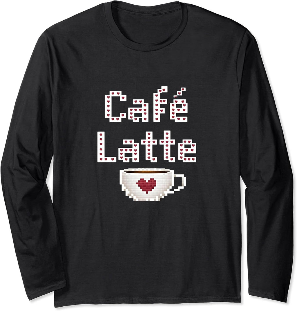 Pixel Art Coffee Latte Cafe Funny Graphic Long Sleeve T-Shirt