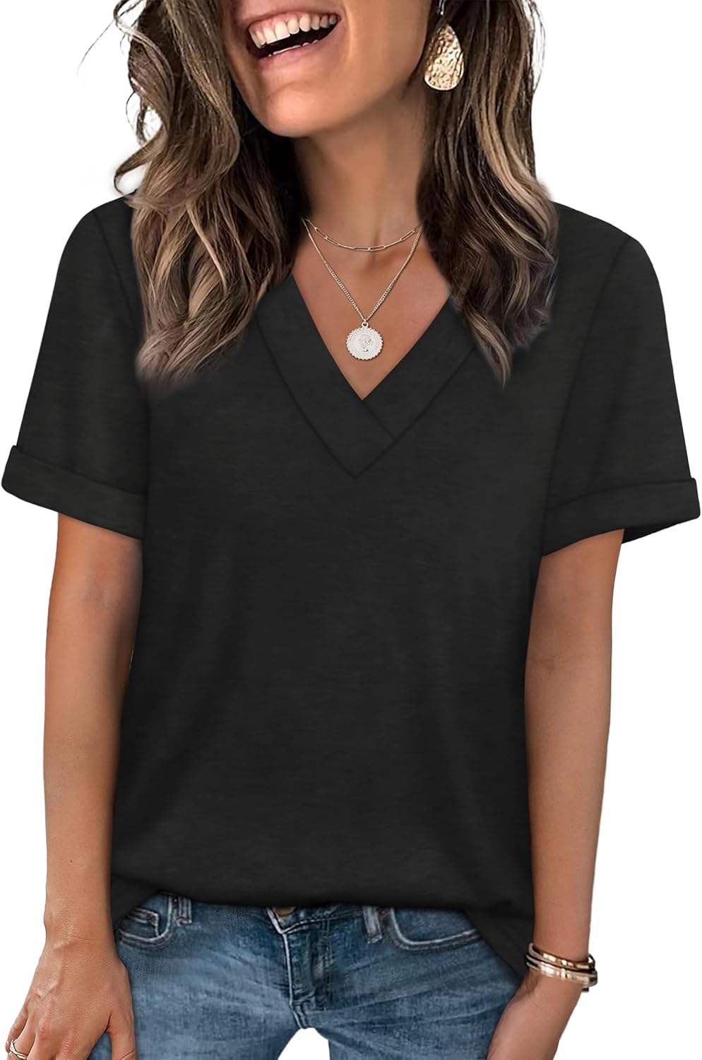 Womens Summer Tops Short Sleeve Basic Casual V Neck T Shirts Trendy Fashion 2026