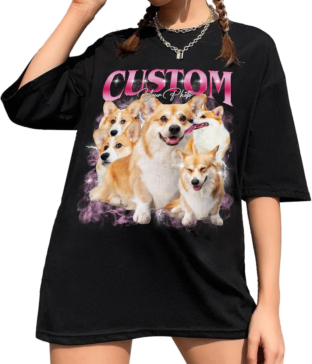 Custom Dog Shirt for Women, Personalized Pet Face Photo Shirt, Bootleg Rap Tee Dog Gifts Valentine Birthday Gift