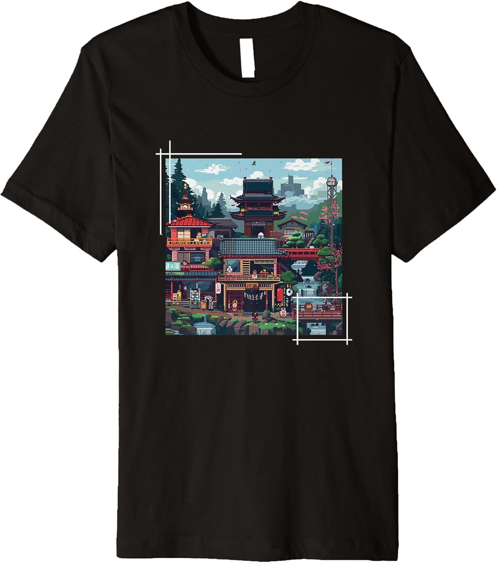 Japanese Pixel Art Village Retro Gaming Style Graphical Art Premium T-Shirt