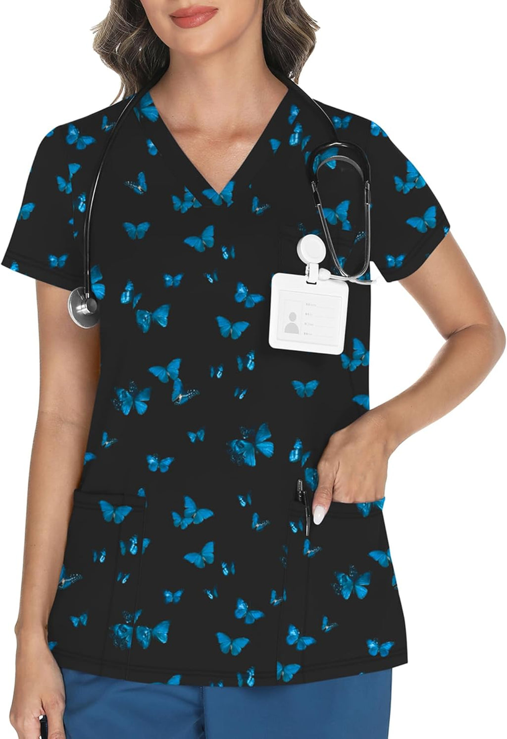 Women's V Neck Printed Scrub Top with 3 Pockets