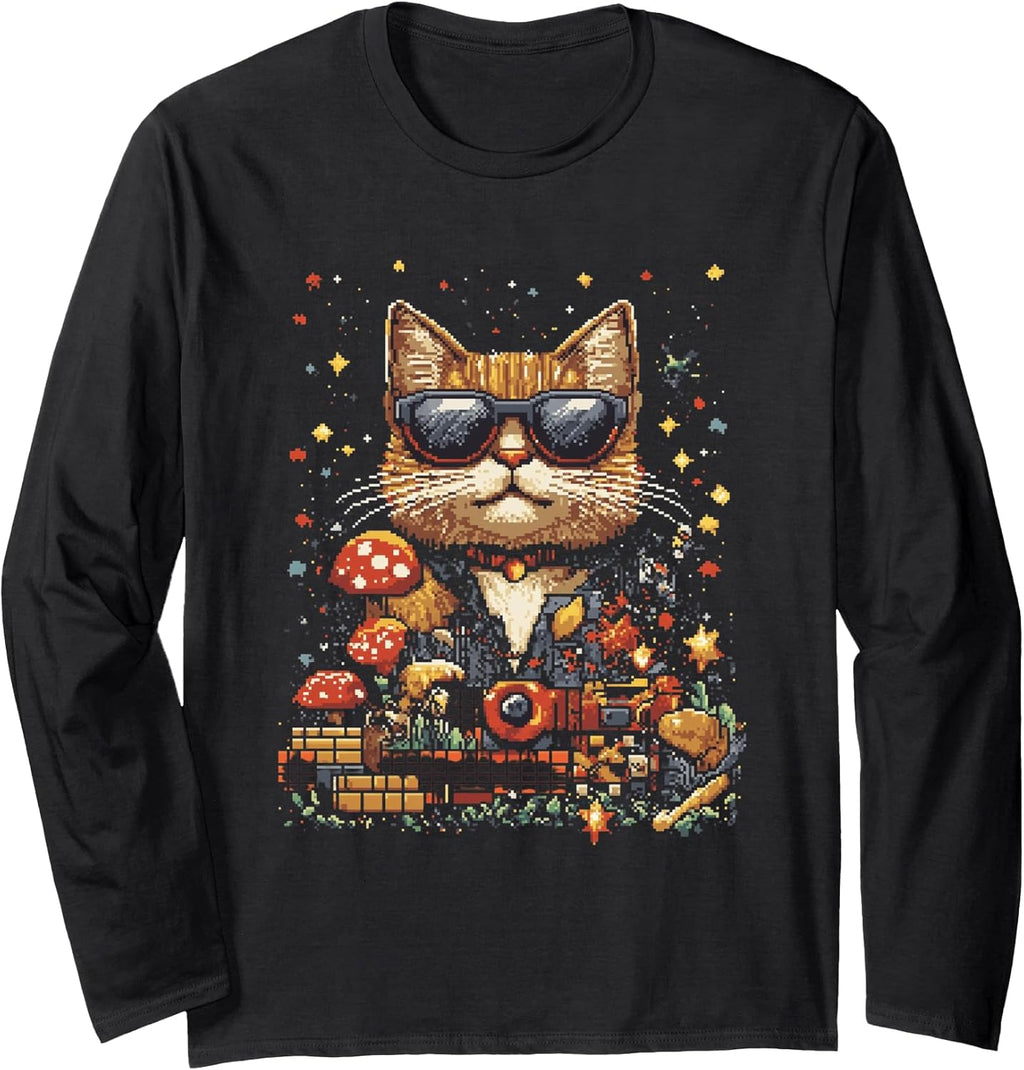 Cool Pixel Art Cat For Retro Gaming Enthusiasts Long Sleeve T-Shirt