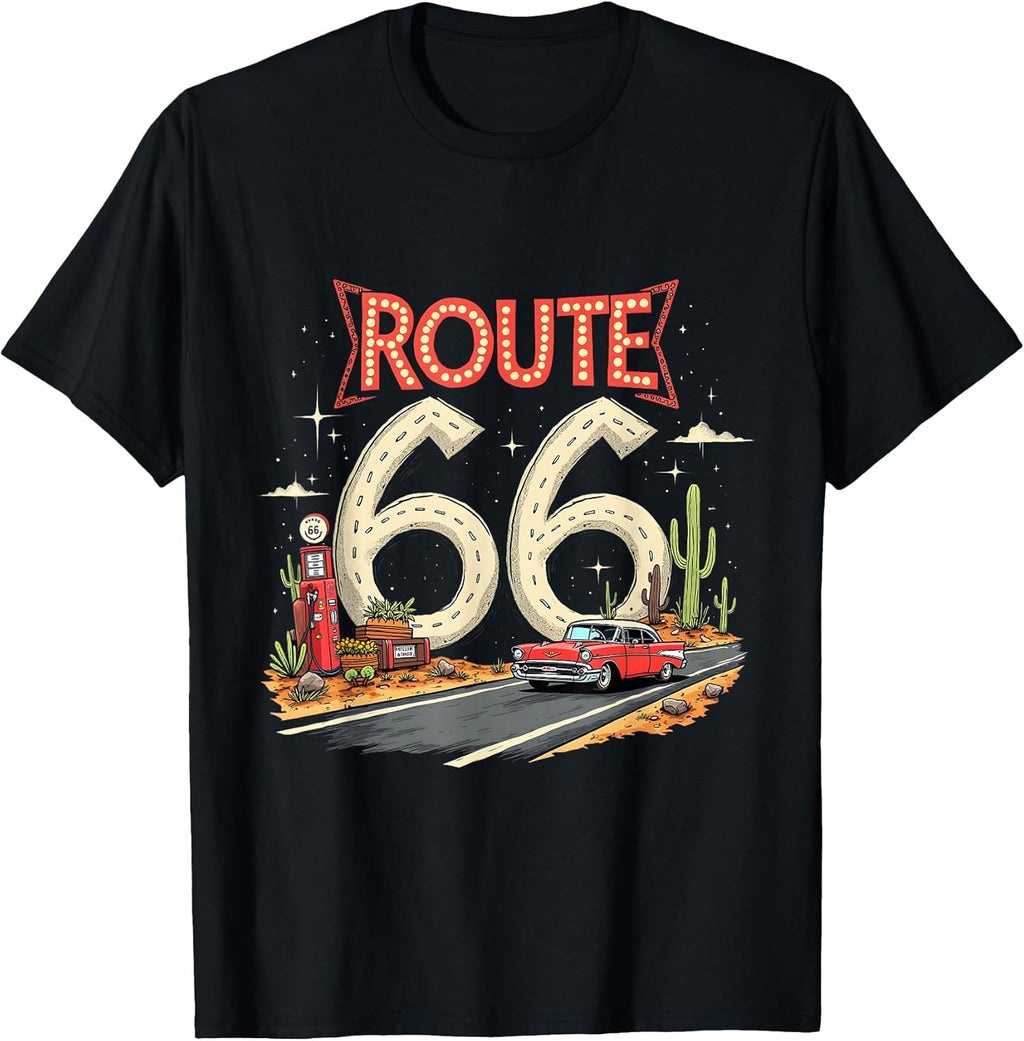Classic Retro Route 66 Desert Scene with Red Vintage Car T-Shirt