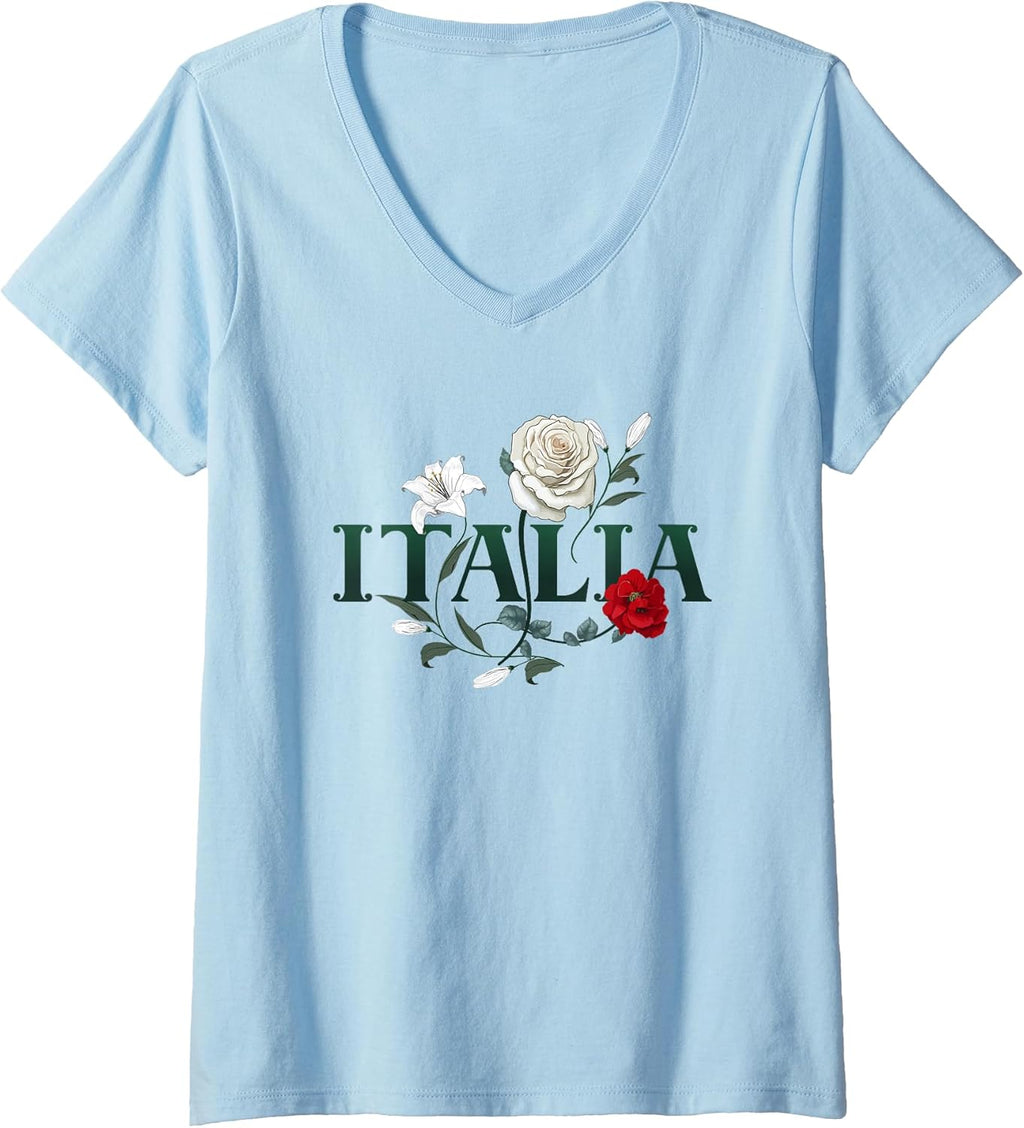 Womens Flowers of Italy - Vintage Style Minimalist Boho V-Neck T-Shirt