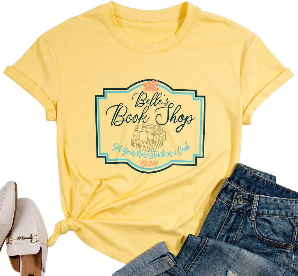 Women Belle's Book Shop Shirt Princess Belle T-Shirt Book Lover Tops Casual Magic Kingdom Short Sleeve Shirt