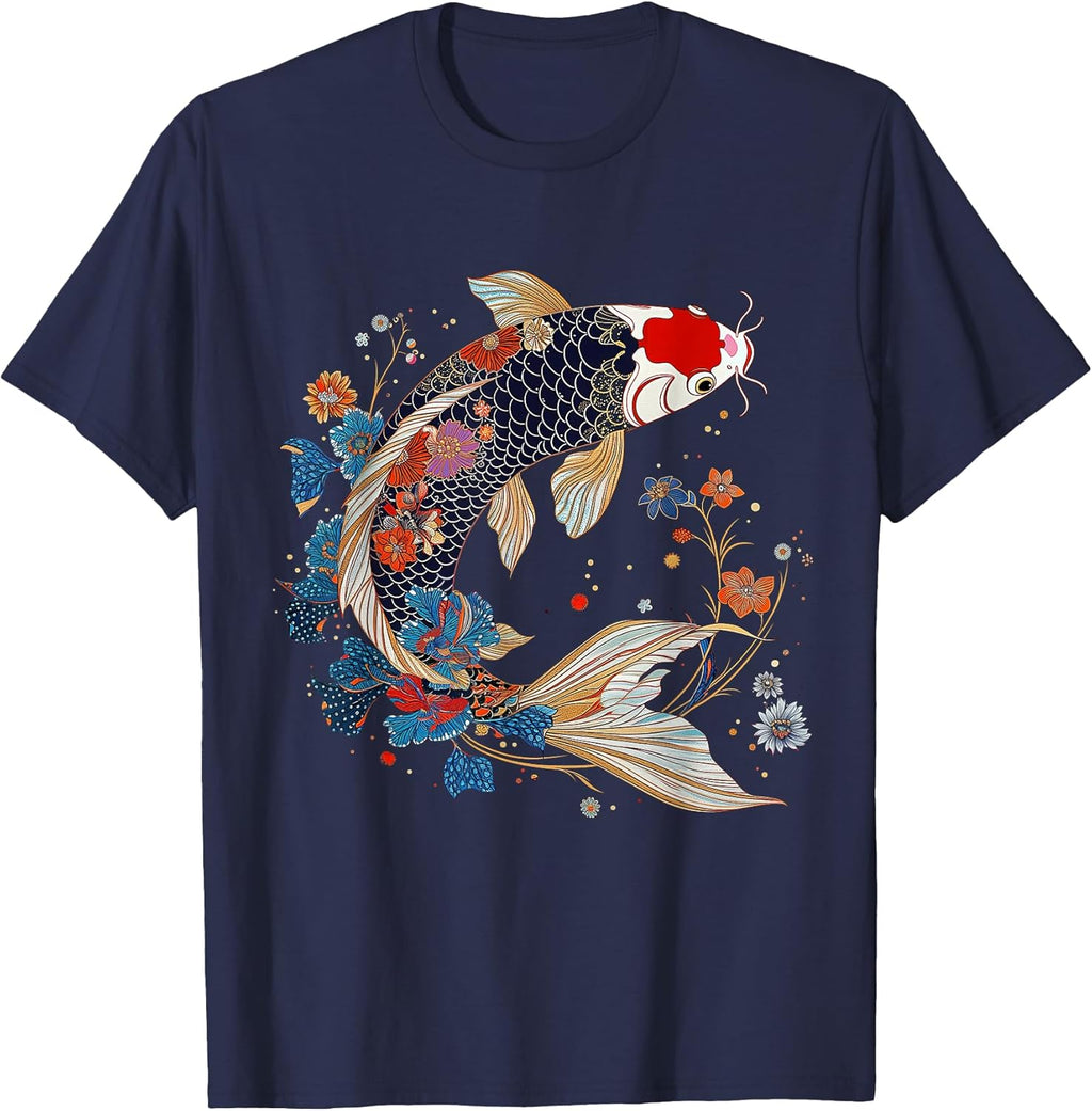 Koi Fish Vintage Flowers Japanese Art Floral Koi Carp T-Shirt