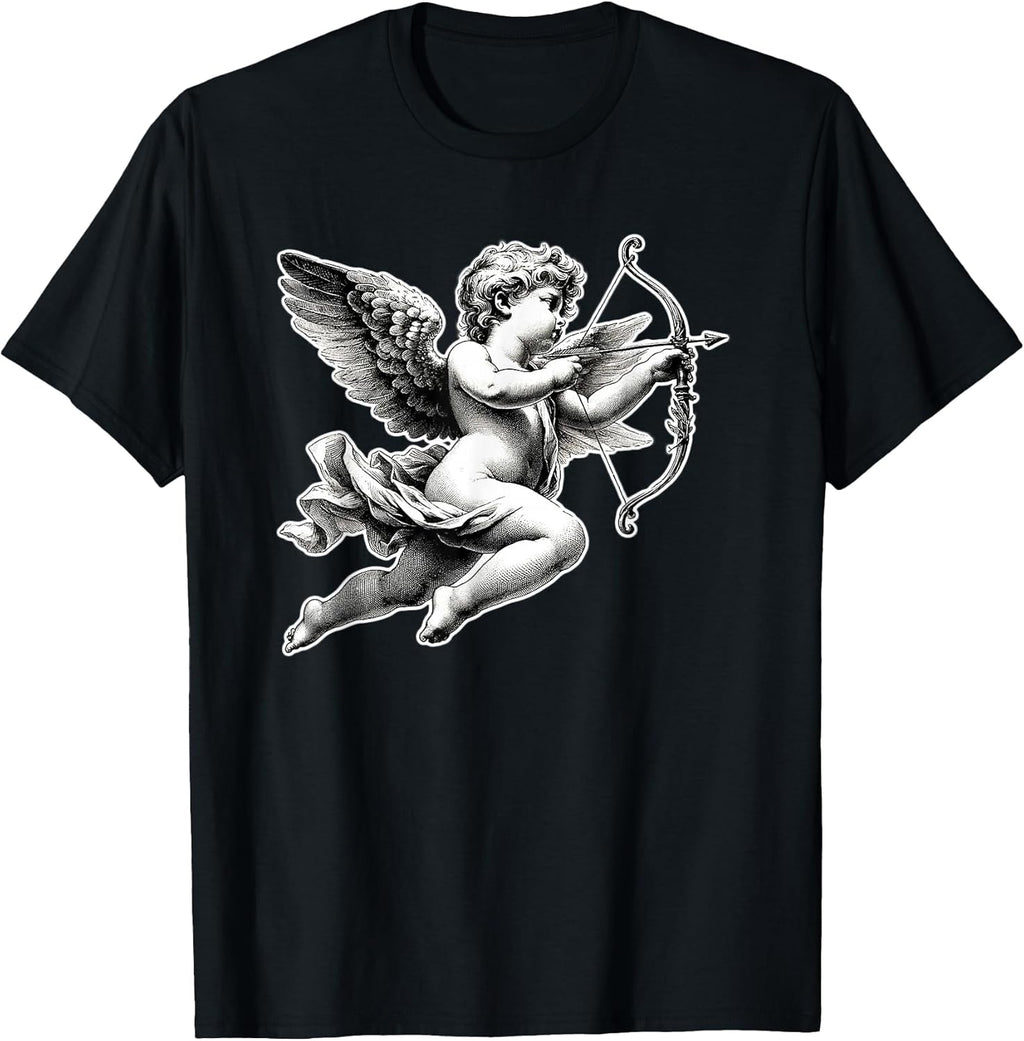 Cupid Angel Cherub Blackwork T-Shirt - Women's Classic Fit V-Neck Short Sleeve - Black - Small