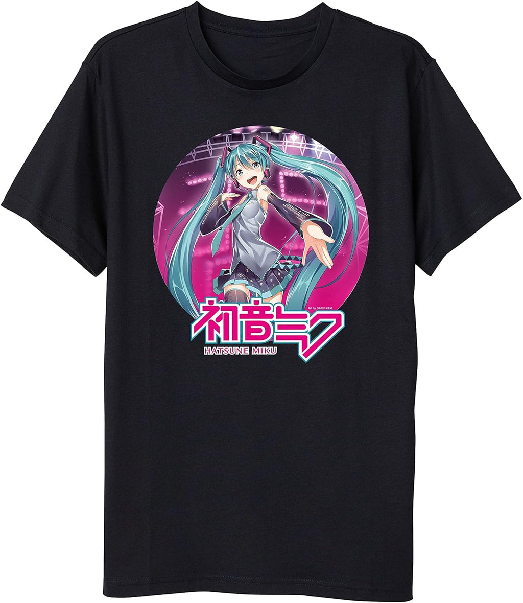 Hatsune Miku Anime Cartoon Circle Frame Black Graphic Tee