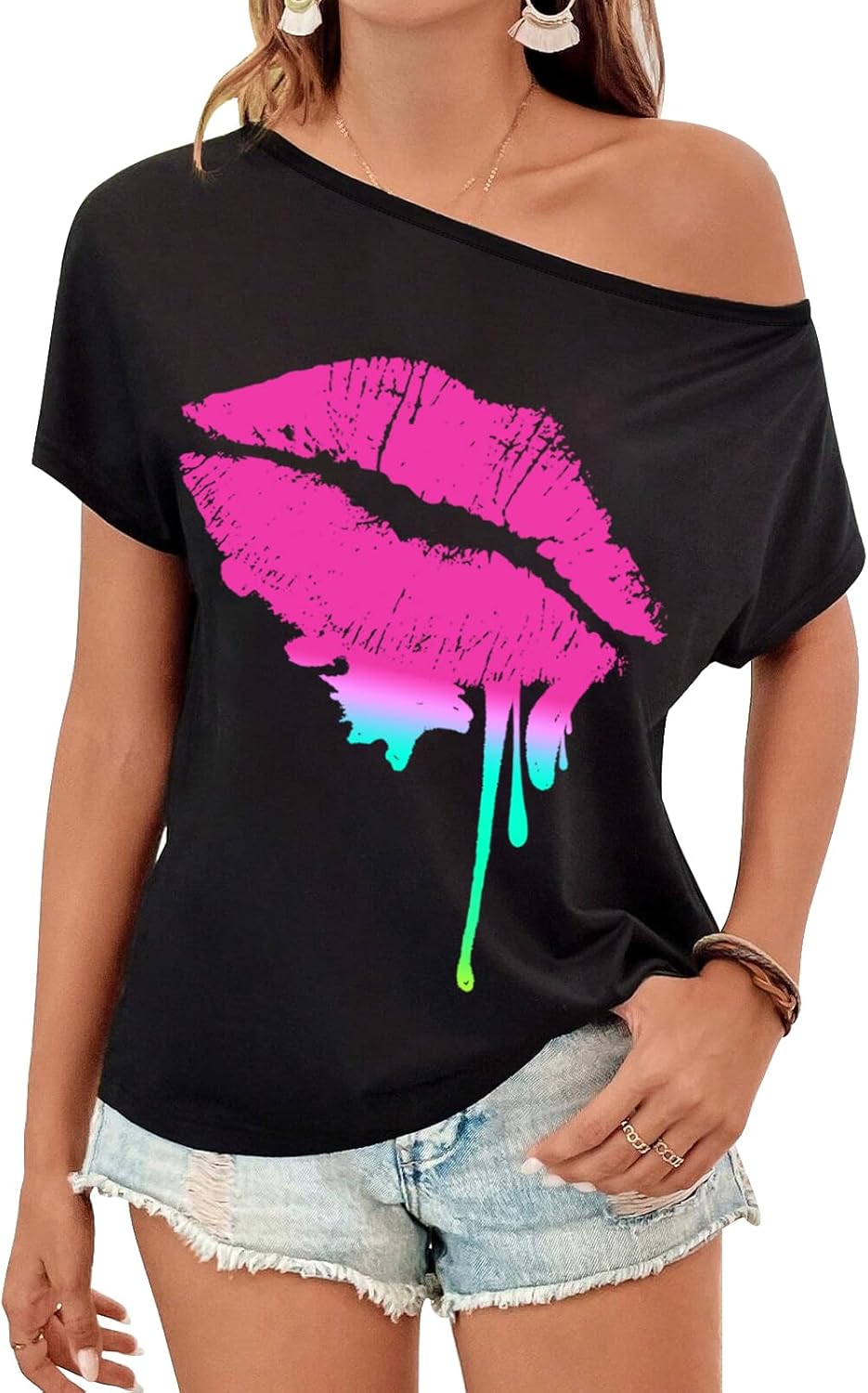 80s Outfit for Women Party Costumes Size for Women Clothes Novelty Neon 80s Off Shoulder T-Shirt Tops,Off Shoulder Tops Women