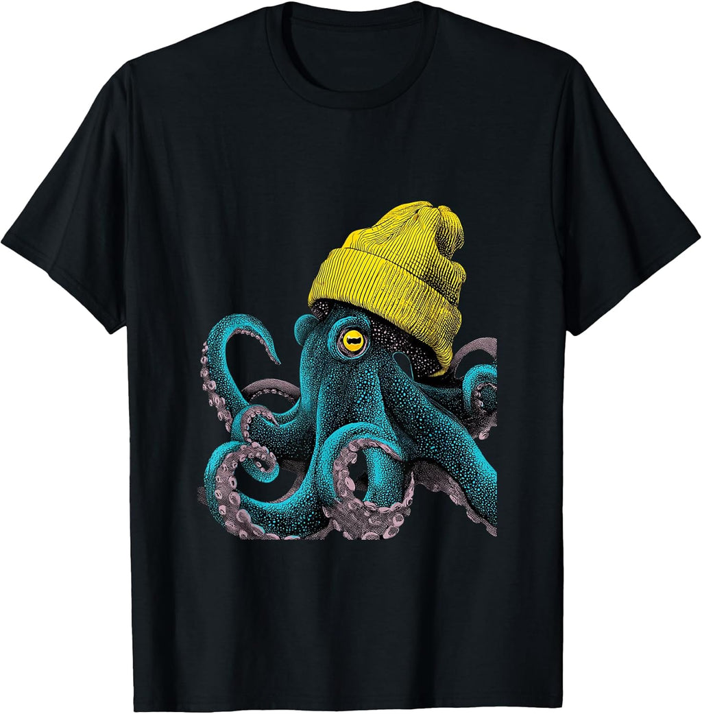 Octopus Wearing Beanie Comic pop Art Style Graphic T-Shirt