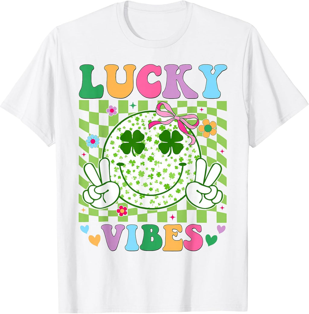 Groovy St Patricks Day Lucky Vibes Shamrock Women Girls Kids T-Shirt