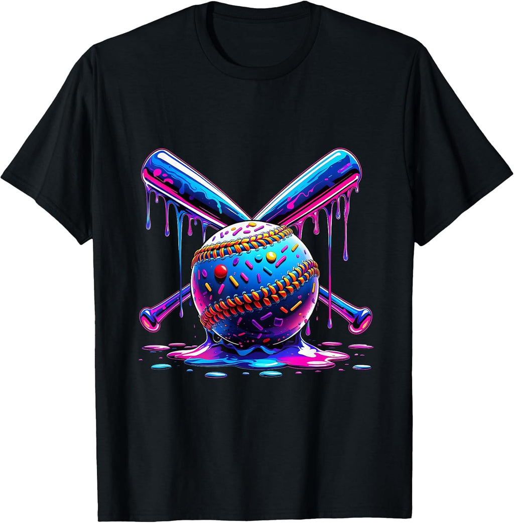 Neon Dripping Baseball and Bats Colorful Sports Art T-Shirt