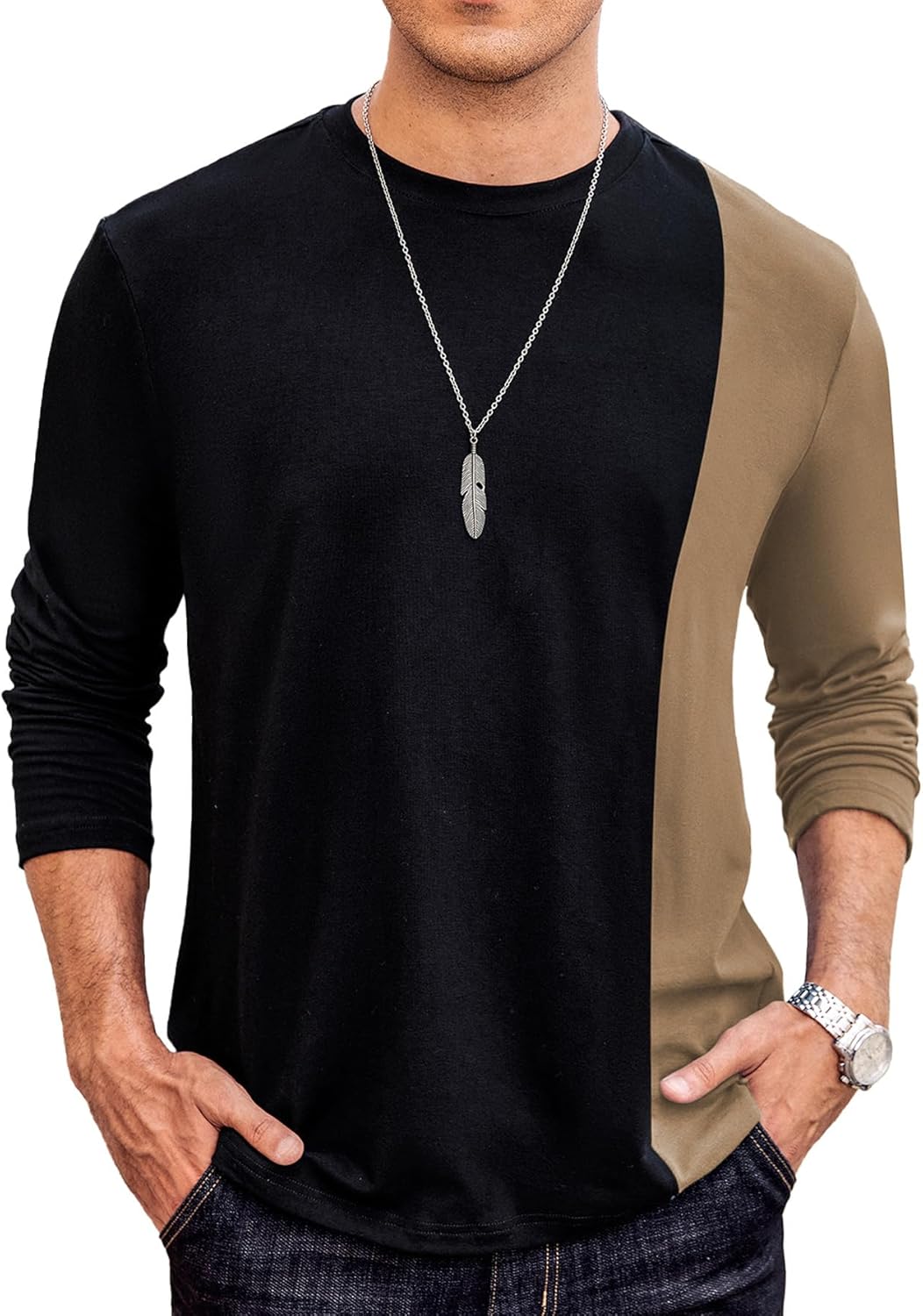 Men's Casual Contrast Color T-Shirts Long Sleeve Crew Neck Tee Top Color Block Shirts