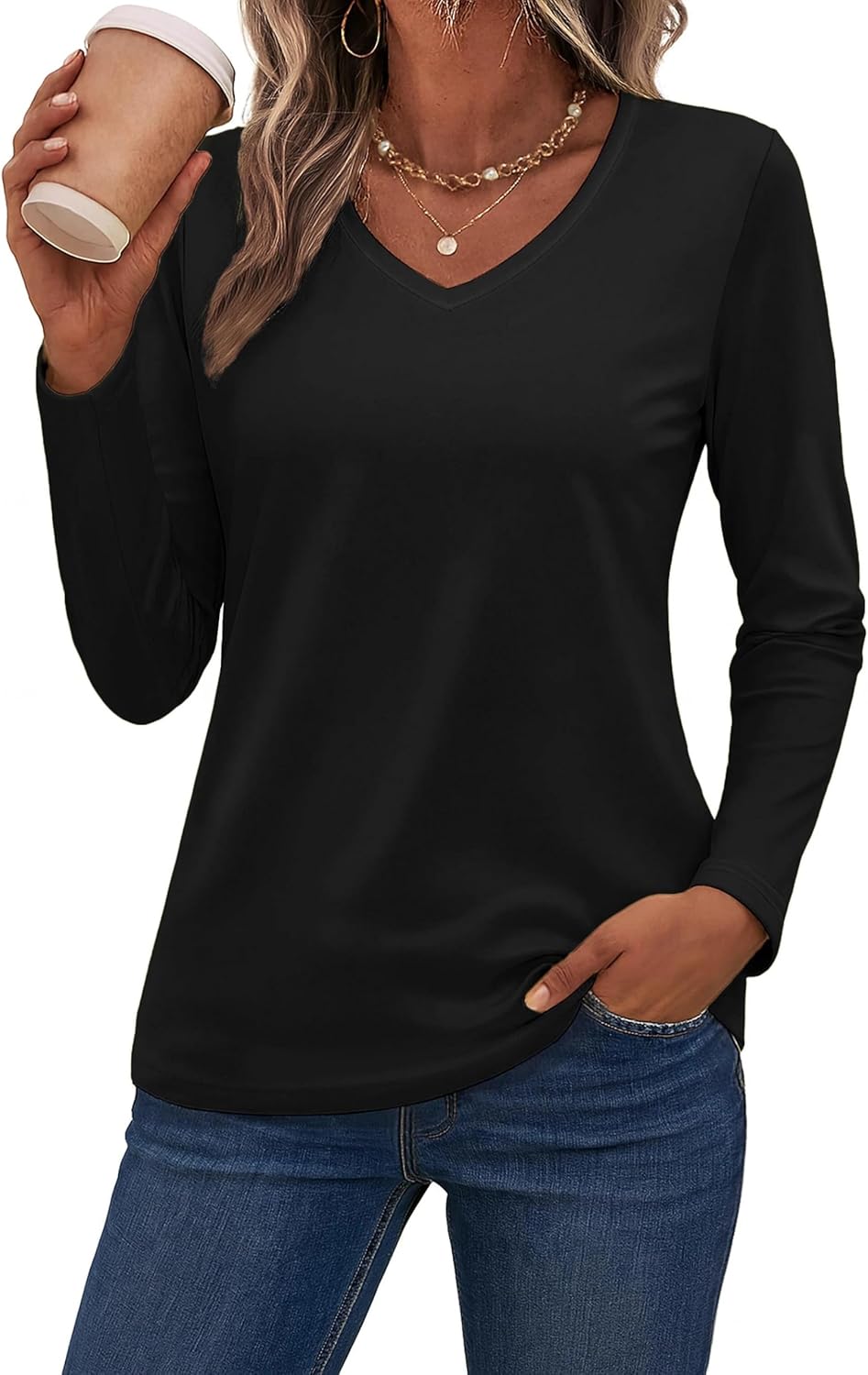 Womens Long Sleeve Shirts Pure Cotton V Neck T Shirt Basic Tops Casual Soft Tees