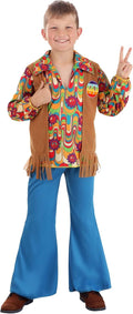 Woodstock Hippie Costume for Boys with Shirt, Vest Panels & Bell Bottom Pants, Groovy 60s 70s Kids Halloween Outfit