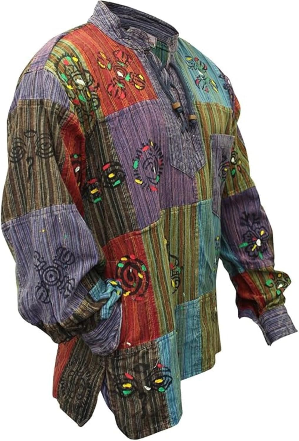 Mens Patchwork Stonewashed Hippie Shirt