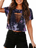 Women’s Distressed Crop Top Short Sleeve Cut Out Punk Rock Ripped Cropped T Shirts