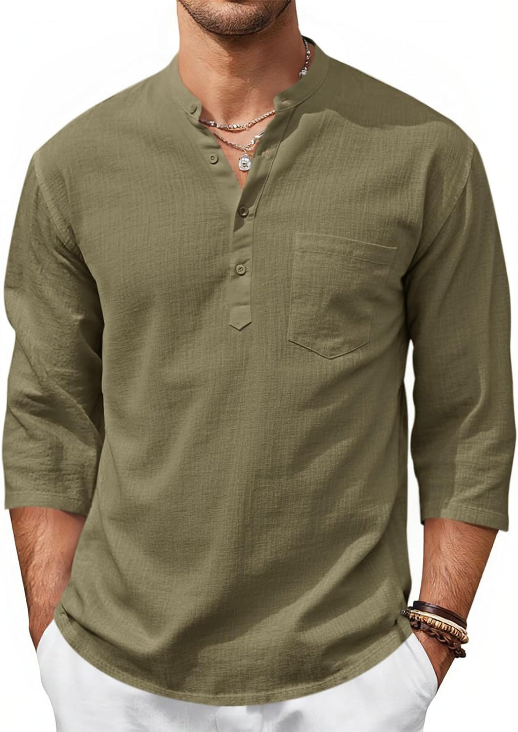 Mens Casual Henley Shirts 3/4 Sleeve Band Collar Cotton Linen Shirt Summer Beach Hippie T-Shirts with Pocket