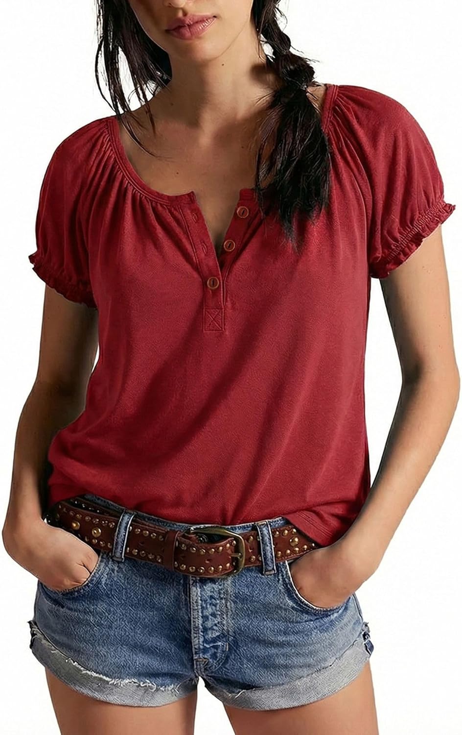 Womens Summer Tops Short Sleeve V Neck 2026 Casual Fasion Ruffle Sleeve Blouse Loose Fit Henley T-Shirts