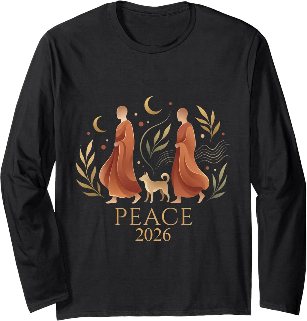 Walk Peace 2026 World Peace Monks with Aloka Dog Spiritual Long Sleeve T-Shirt