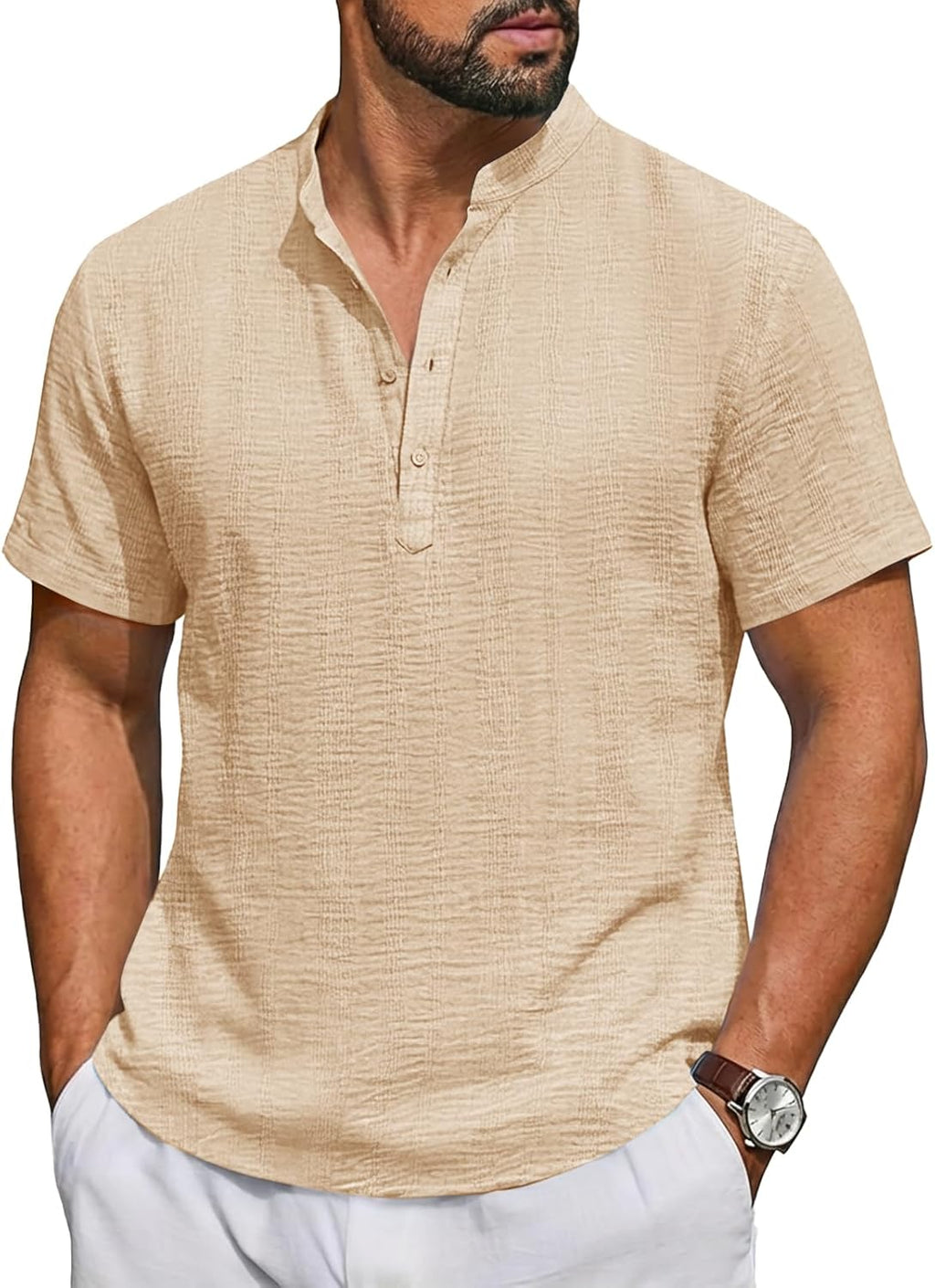 Mens Casual Henley Shirt Short Sleeve Band Collar Textured Shirts Summer Beach Hippie T-Shirts
