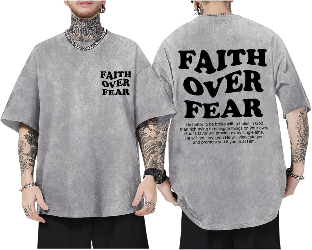 Christian Shirts for Men Faith Over Fear Oversized Shirt Acid Wash Tshirt Graphic Religious T Shirt Bible Verse Tees