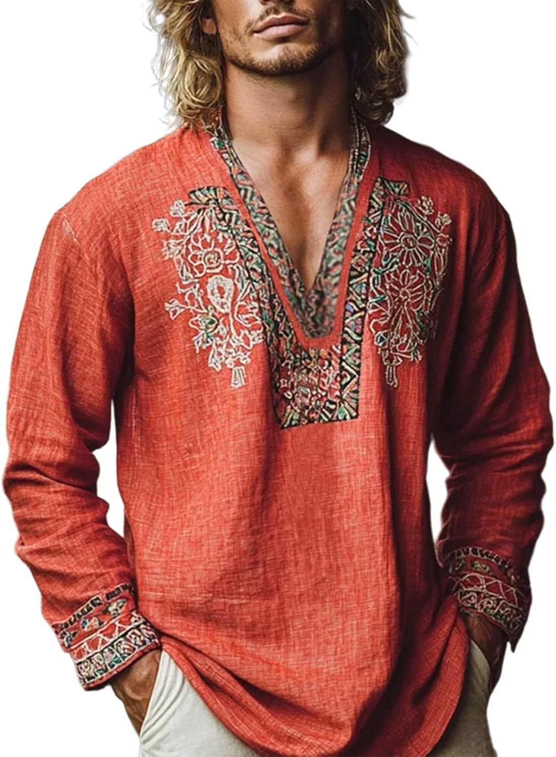 Men's Henley Shirt Long Sleeve African Print Embroidered Gauze Shirt Casual V Neck Cotton Linen Beach Hippie Tops
