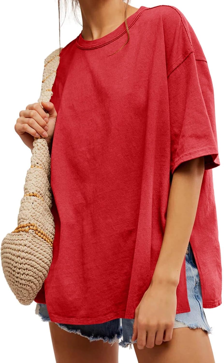 Womens Oversized Tshirts Summer Casual Short Sleeve Crew Neck T Shirt Loose Fit Side Slit Tee Tops