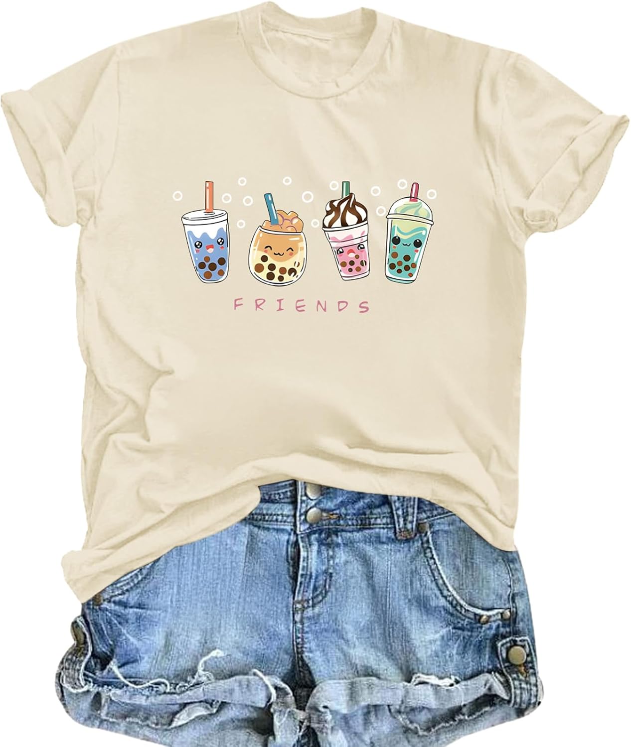 Cute Graphic Tee Shirts for Teen Girls Friends Boba Tea Bubble Tea T Shirt Kawaii Casual Cotton Short Sleeve Tops