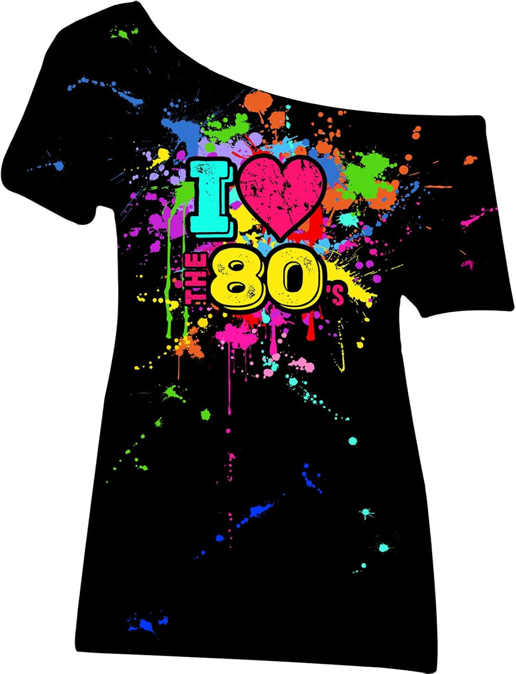 80s Outfit for Women Plus Size I Love The 80's Costumes 80s Off Shoulder T-Shirt Tops Neon Clothes Oversized (Black,2X-Large)