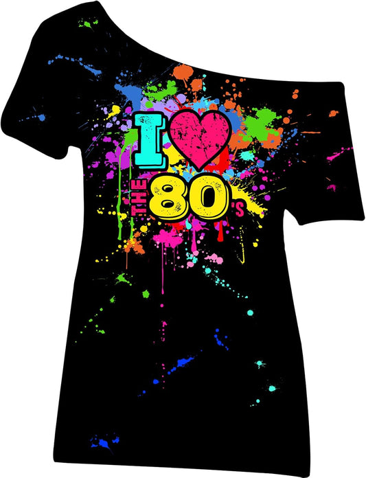 80s Outfit for Women Plus Size I Love The 80's Costumes 80s Off Shoulder T-Shirt Tops Neon Clothes Oversized (Black,2X-Large)