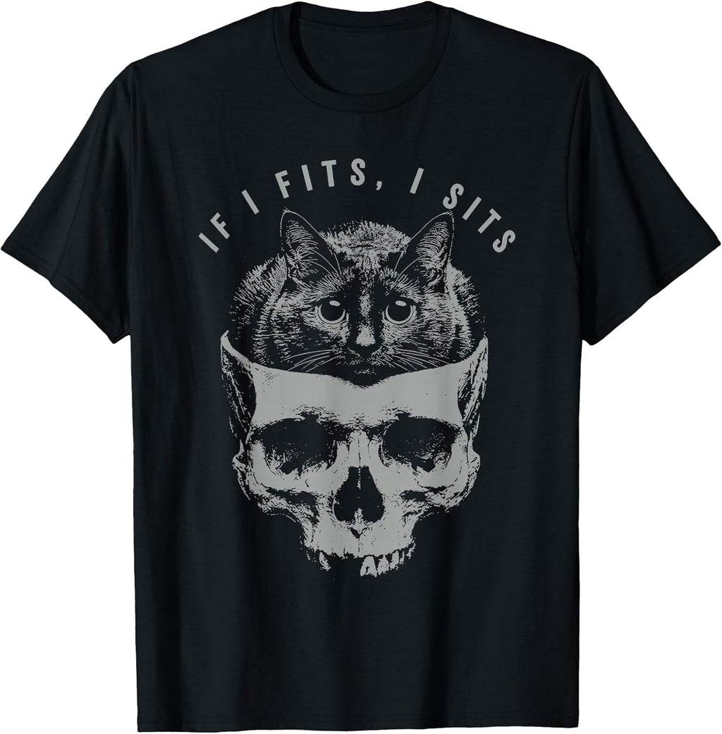 If It Fits I Sit Black Cat Skull Minimalist Meme Humor T-Shirt